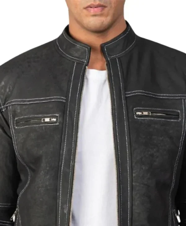 Mens Black Leather Vintage Motorcycle Jacket Collar