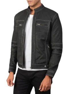 Mens Black Leather Vintage Motorcycle Jacket Side