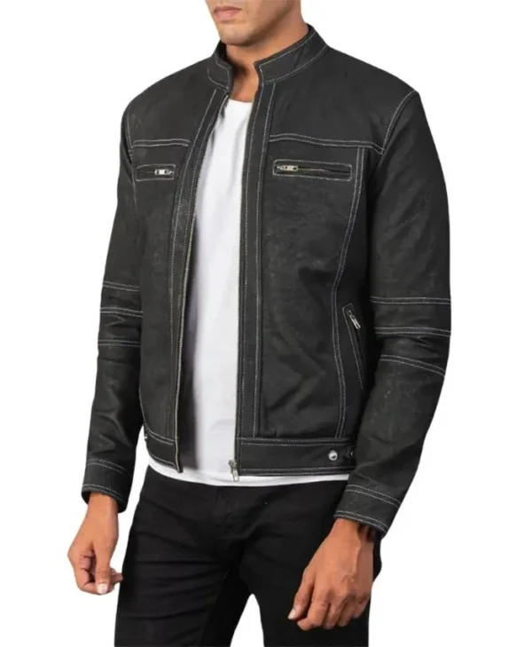 Mens Black Leather Vintage Motorcycle Jacket Side