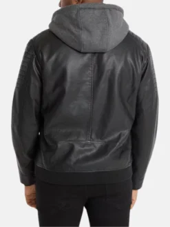 Mens Black Vintage Hooded Leather Jacket Back