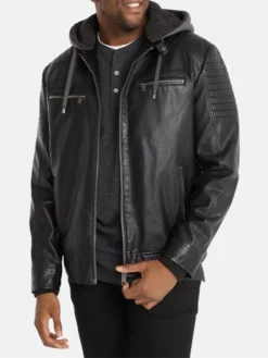 Mens Black Vintage Hooded Leather Jacket Main