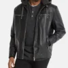 Mens Black Vintage Hooded Leather Jacket Second