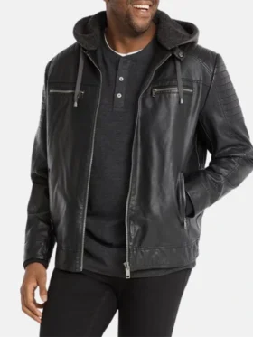 Men’s Black Vintage Hooded Leather Jacket Second