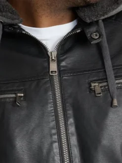 Mens Black Vintage Hooded Leather Jacket Zipper