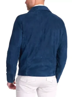 Mens Blue Biker Style Suede Moto Jacket Back