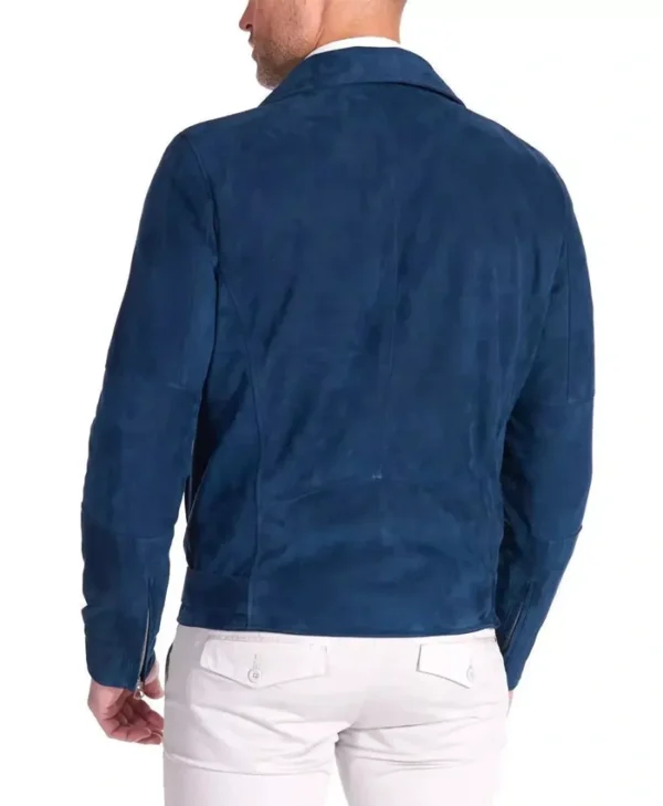 Men’s Blue Biker Style Suede Moto Jacket Back