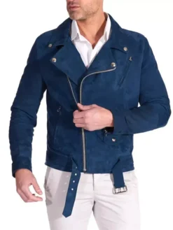 Mens Blue Biker Style Suede Moto Jacket Main