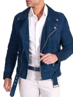 Mens Blue Biker Style Suede Moto Jacket Open