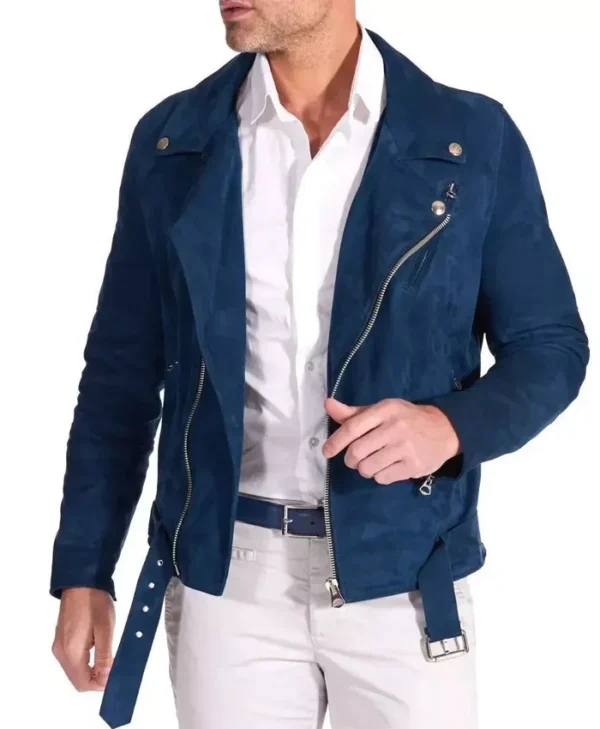 Men’s Blue Biker Style Suede Moto Jacket Open