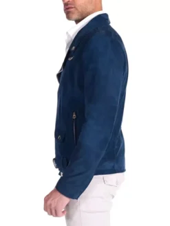 Mens Blue Biker Style Suede Moto Jacket Right