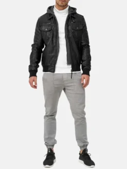 Mens Bomber Leather Jacket Stand Up