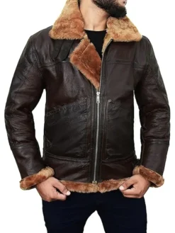 Mens Brown B3 Leather Aviator Jacket Collar
