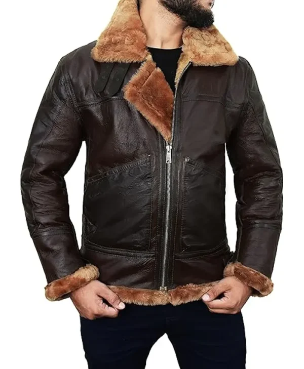 Mens Brown B3 Leather Aviator Jacket Collar