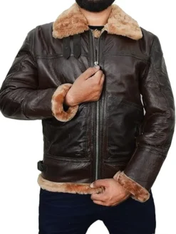 Mens Brown B3 Leather Aviator Jacket Zipper