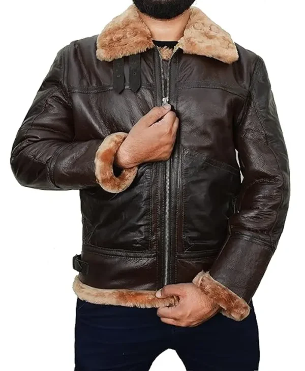 Mens Brown B3 Leather Aviator Jacket Zipper