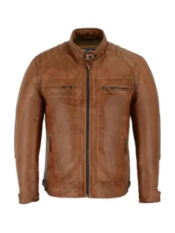Mens Brown Cafe Racer Leather Jacket Close