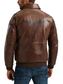 Mens Brown Leather Bomber Jacket Back