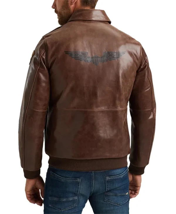 Mens Brown Leather Bomber Jacket Back