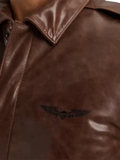 Mens Brown Leather Bomber Jacket Collar