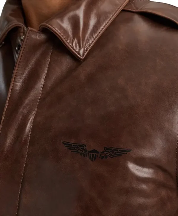 Mens Brown Leather Bomber Jacket Collar