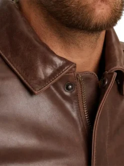 Mens Brown Leather Bomber Jacket Drop Down