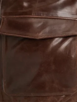 Mens Brown Leather Bomber Jacket Pockets