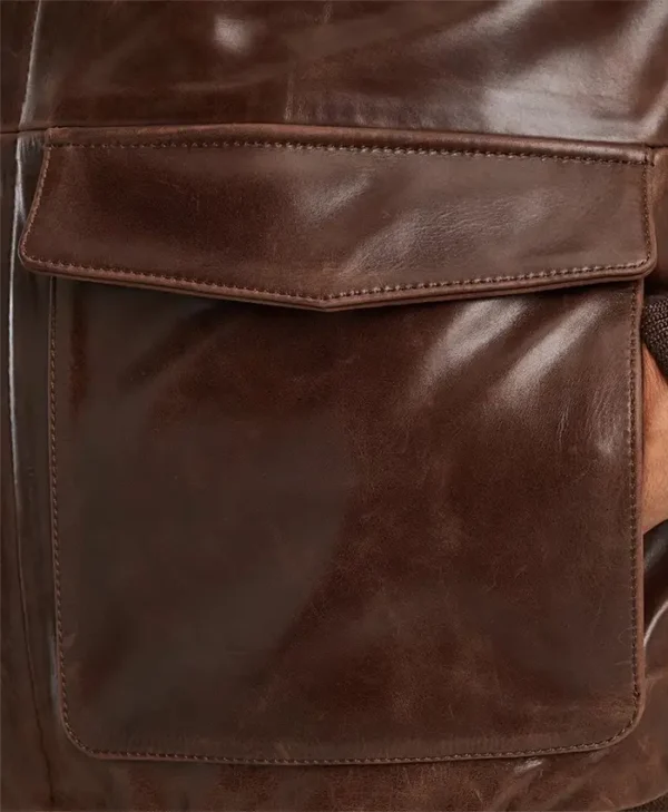 Mens Brown Leather Bomber Jacket Pockets