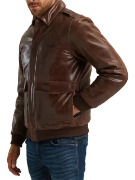 Mens Brown Leather Bomber Jacket Side