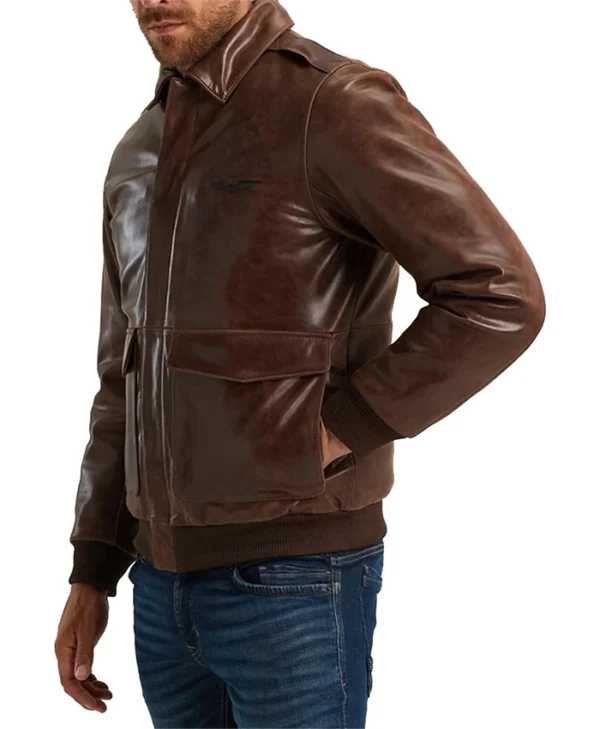 Mens Brown Leather Bomber Jacket Side