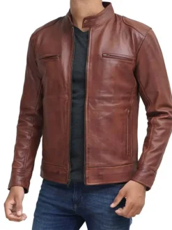 Mens Brown Leather Cafe Racer Jacket