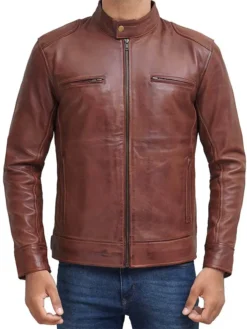 Mens Brown Leather Cafe Racer Jacket Front