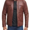 Men's Brown Leather Cafe Racer Jacket Open