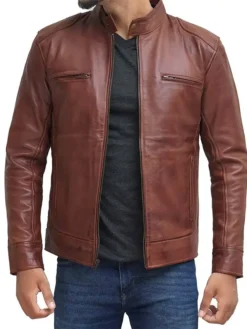 Mens Brown Leather Cafe Racer Jacket Open