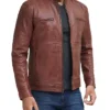Men's Brown Leather Cafe Racer Jacket Snap