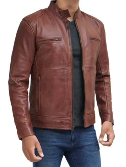 Mens Brown Leather Cafe Racer Jacket Snap