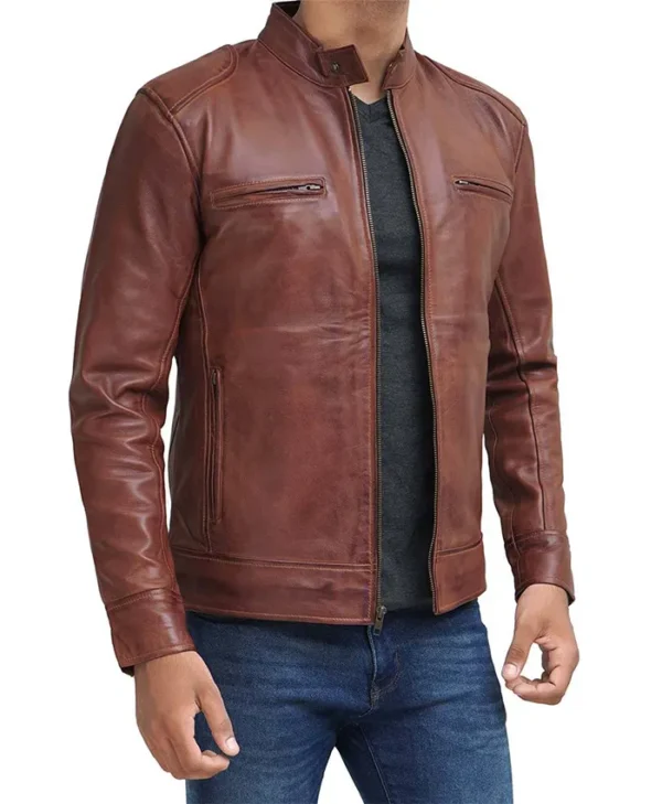 Men's Brown Leather Cafe Racer Jacket Snap