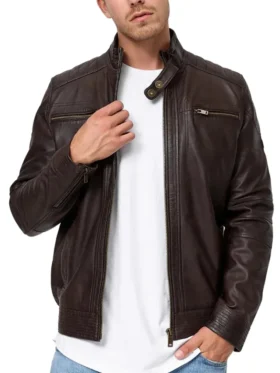 Mens Brown Leather Moto Jacket Closure