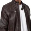 Mens Brown Leather Moto Jacket Collar