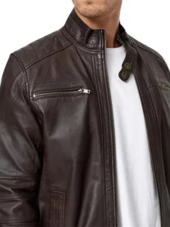 Mens Brown Leather Moto Jacket Collar