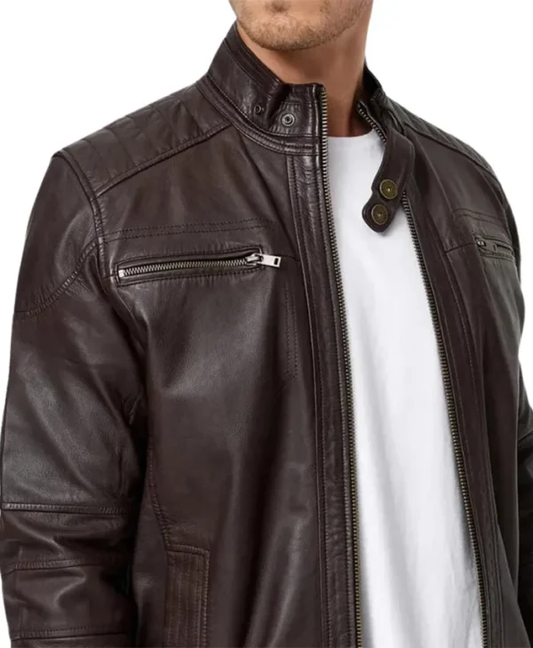Mens Brown Leather Moto Jacket Collar