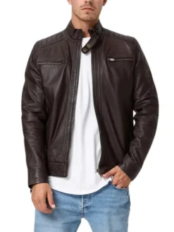 Mens Brown Leather Moto Jacket Snap