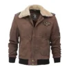 Mens Brown Suede Shearling Collar G1 Bomber Jacket Close