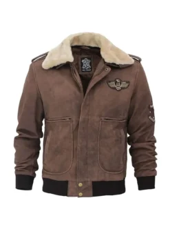 Mens Brown Suede Shearling Collar G1 Bomber Jacket Close