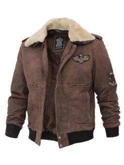 Mens Brown Suede Shearling Collar G1 Bomber Jacket Front