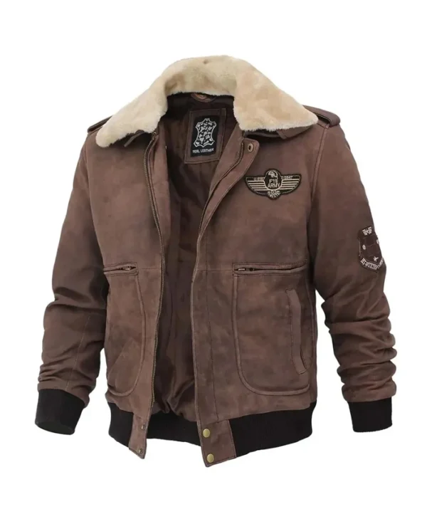 Mens Brown Suede Shearling Collar G1 Bomber Jacket Front