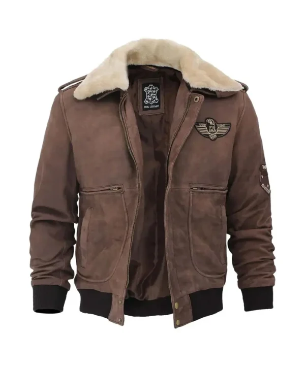 Mens Brown Suede Shearling Collar G1 Bomber Jacket Main