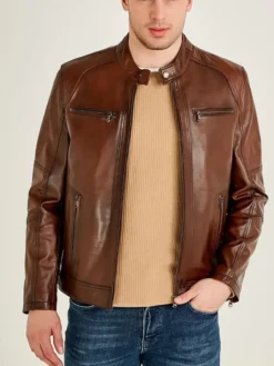Mens Cafe Racer Brown Leather Motorcycle Jacket Main