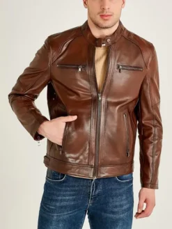 Mens Cafe Racer Brown Leather Motorcycle Jacket Pockets