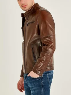 Mens Cafe Racer Brown Leather Motorcycle Jacket Side