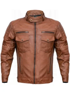 Mens Cafe Racer Vintage Brown Leather Jacket Snap